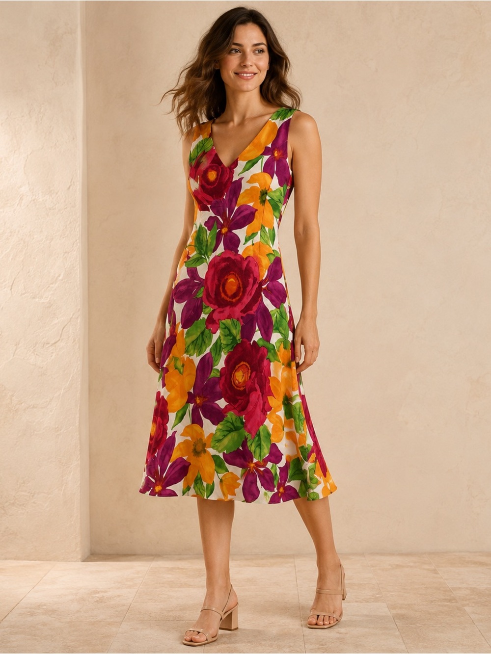 Mica Vintage Floral V-Neck Midi Dress Size 8